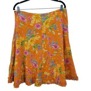 Vintage 90s‎ Skirt 12 Orange Floral Cotton Paneled Tea Length A-line Ruffle Hem